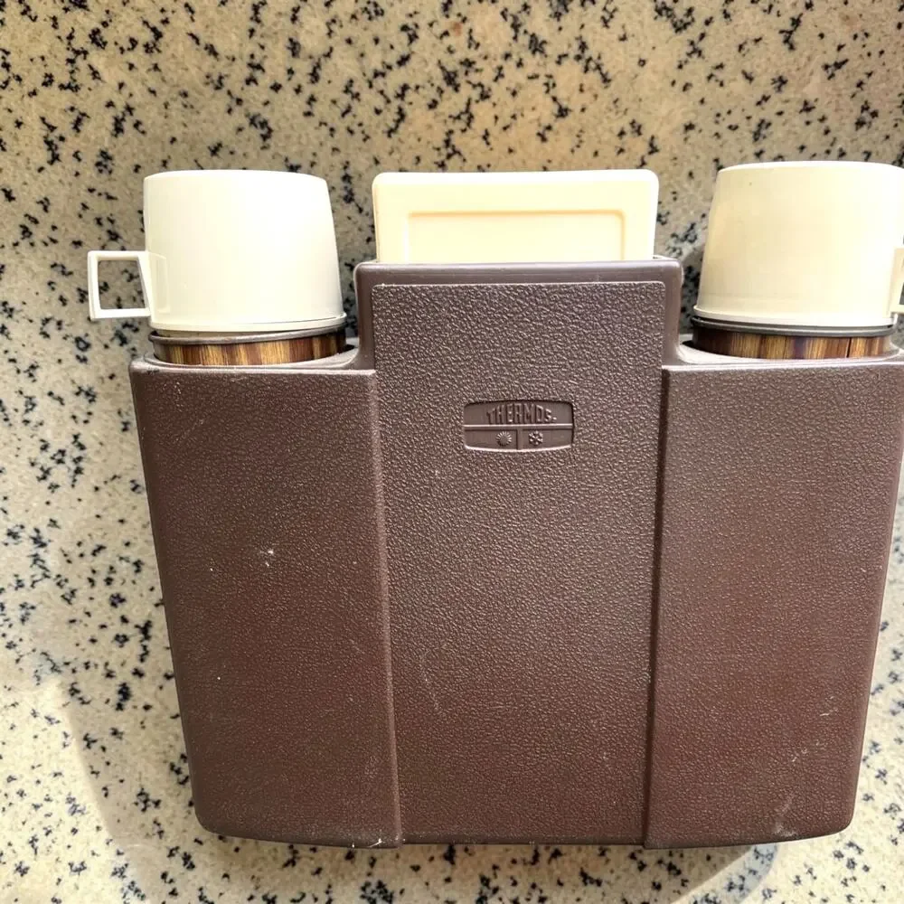 Vintage Thermos Set with Case Woodgrain Mid Century Picnic Thermos King Seeley